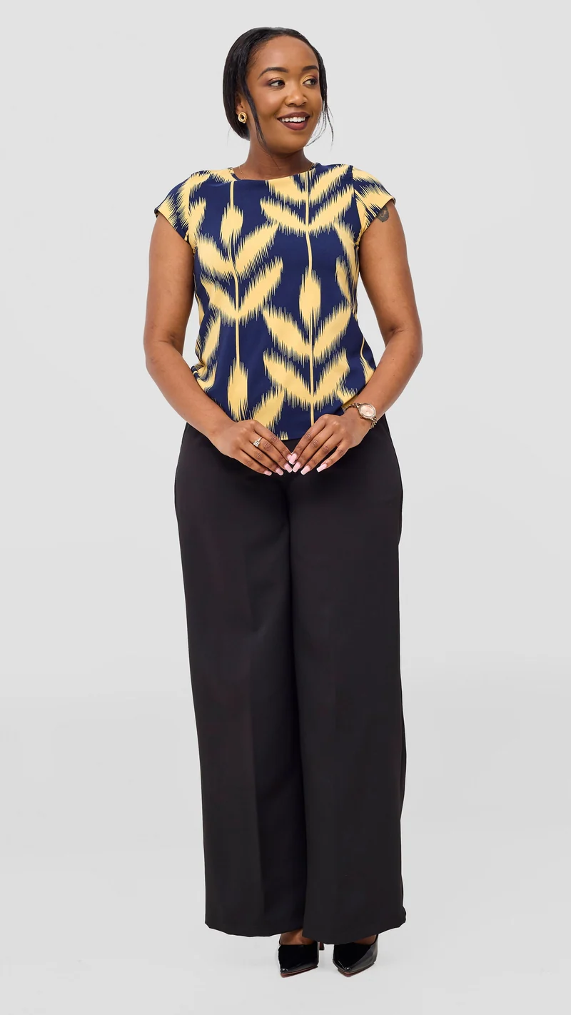Vivo Basic Cap Sleeve Top in Crepe - Navy / Mustard Print