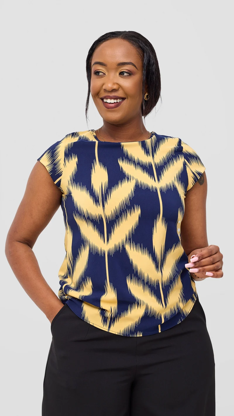 Vivo Basic Cap Sleeve Top in Crepe - Navy / Mustard Print