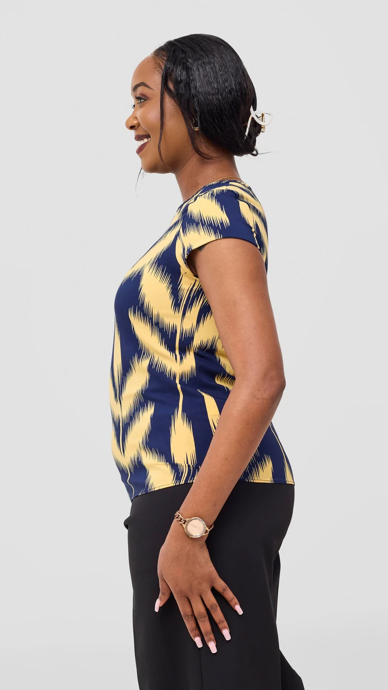 Vivo Basic Cap Sleeve Top in Crepe - Navy / Mustard Print