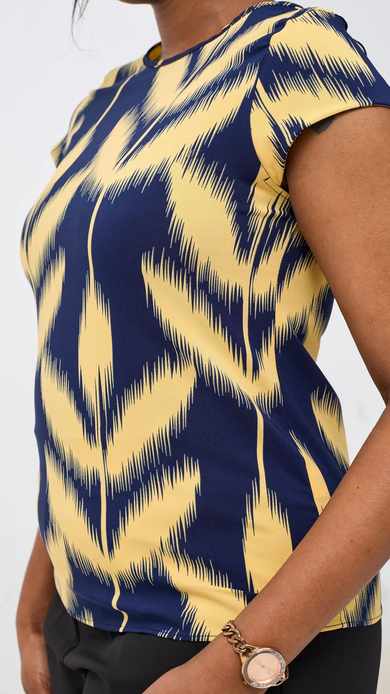 Vivo Basic Cap Sleeve Top in Crepe - Navy / Mustard Print