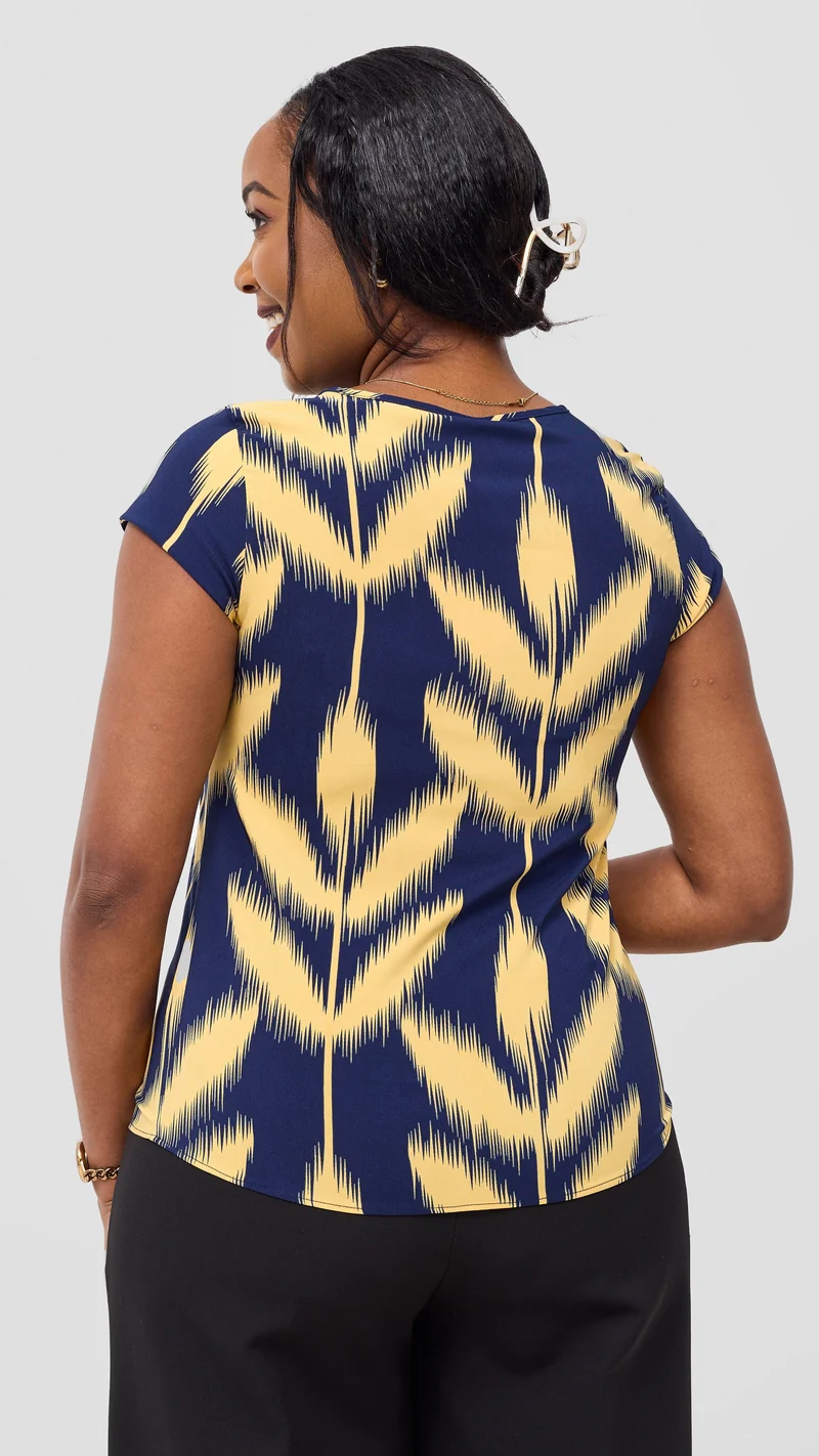 Vivo Basic Cap Sleeve Top in Crepe - Navy / Mustard Print