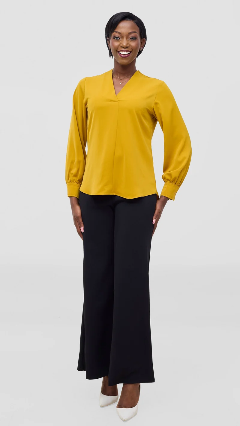 Vivo Ajani V-Neck Top in Crepe - Mustard