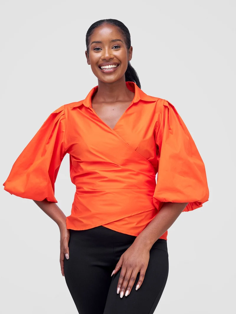 Safari by Vivo Mali 3/4 Bishop Sleeve Tie Top - Orange