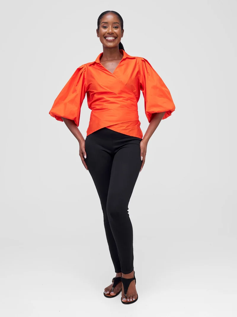 Safari by Vivo Mali 3/4 Bishop Sleeve Tie Top - Orange
