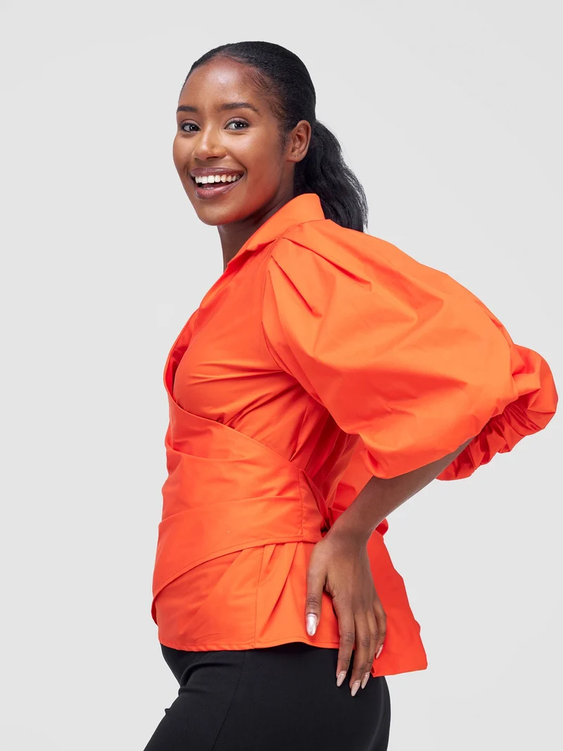 Safari by Vivo Mali 3/4 Bishop Sleeve Tie Top - Orange