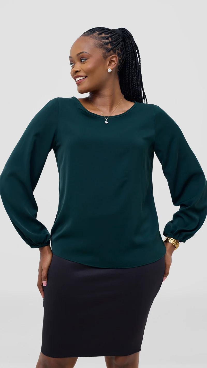 Vivo Basic Bishop Sleeve Top in Crepe - Dark Green