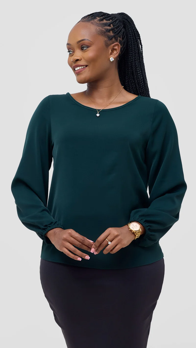 Vivo Basic Bishop Sleeve Top in Crepe - Dark Green