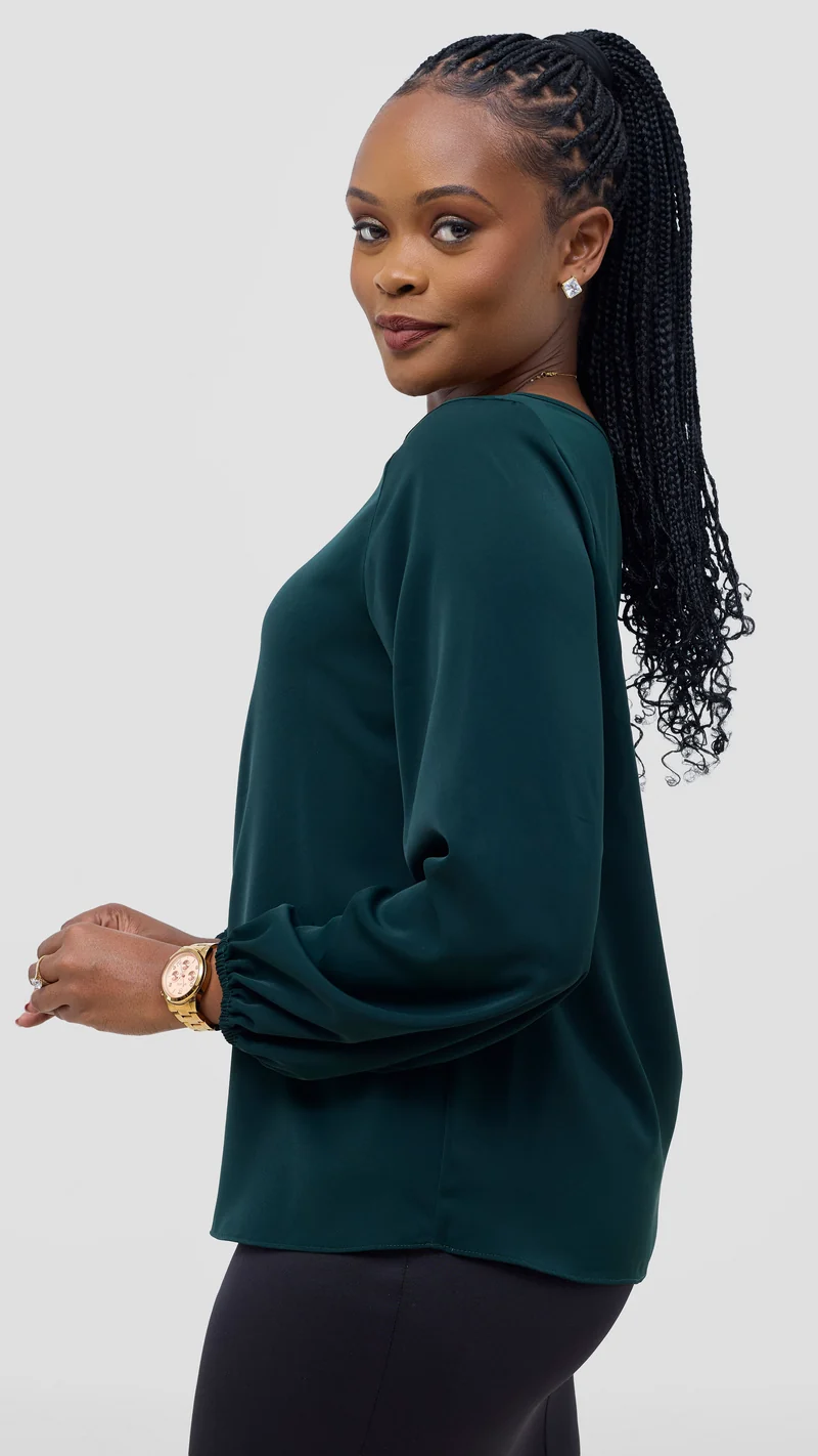 Vivo Basic Bishop Sleeve Top in Crepe - Dark Green