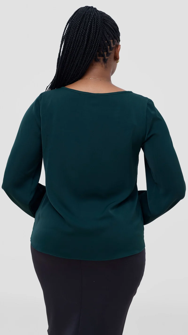 Vivo Basic Bishop Sleeve Top in Crepe - Dark Green