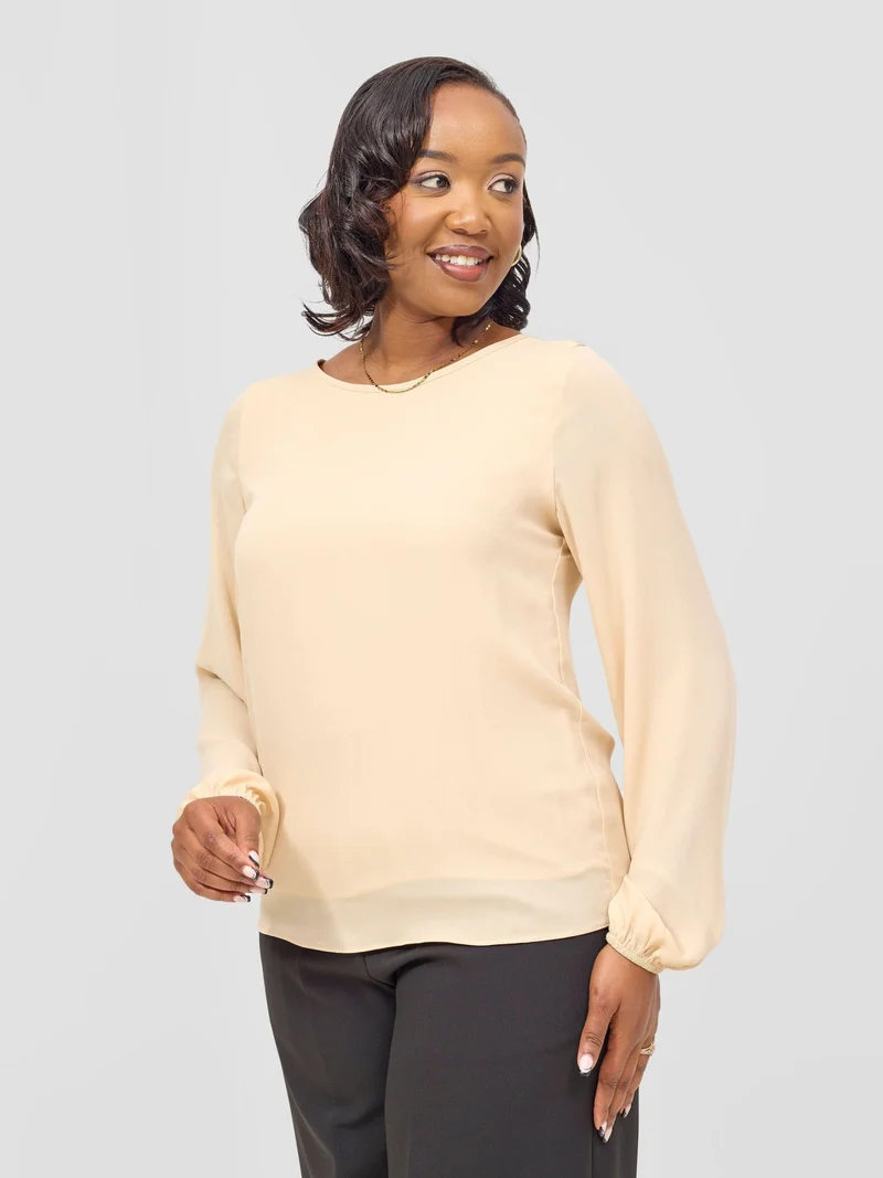 Vivo Chari Basic Chiffon Bishop Sleeve Top (Double Layered) - Tan