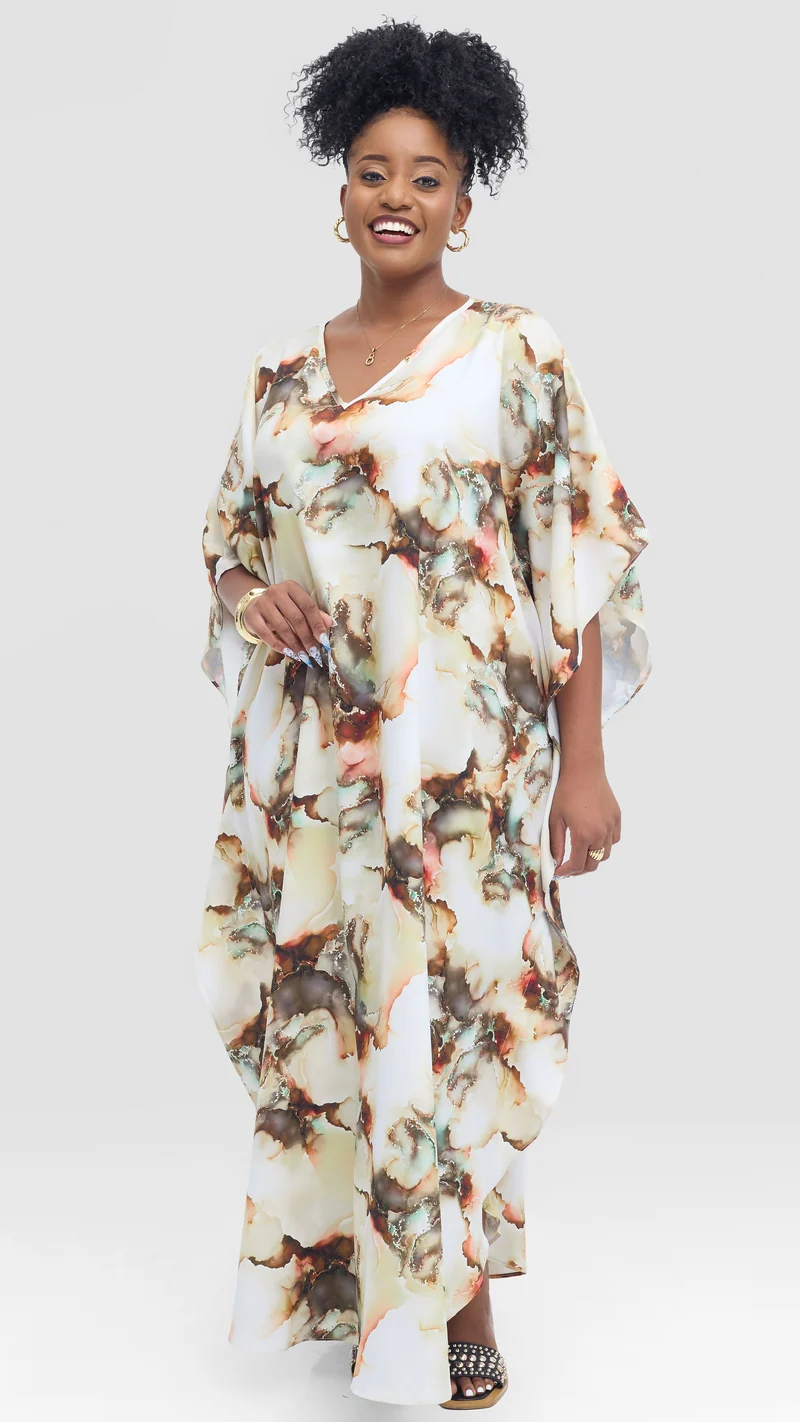 Vivo Amai Maxi Kaftan In Textured Satin -Cream / Hunters Print