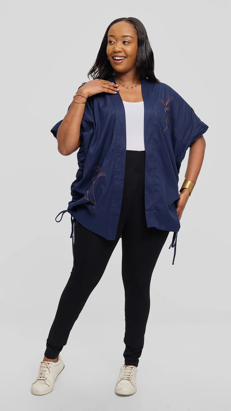 Safari by Vivo Zehra Embroidered Linen Kimono - Navy