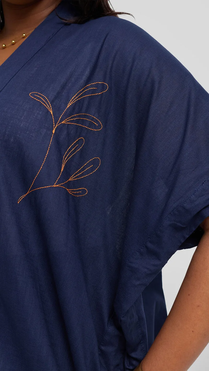 Safari by Vivo Zehra Embroidered Linen Kimono - Navy