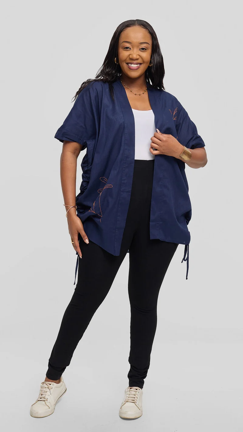 Safari by Vivo Zehra Embroidered Linen Kimono - Navy