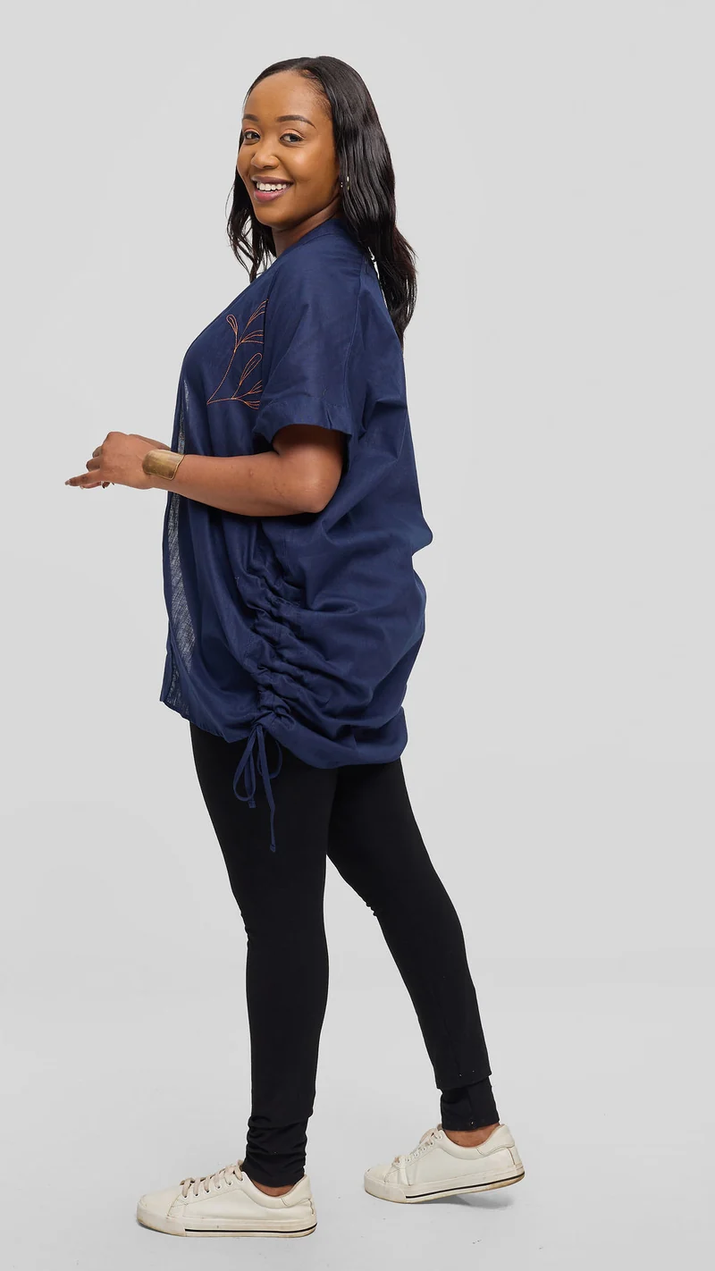 Safari by Vivo Zehra Embroidered Linen Kimono - Navy
