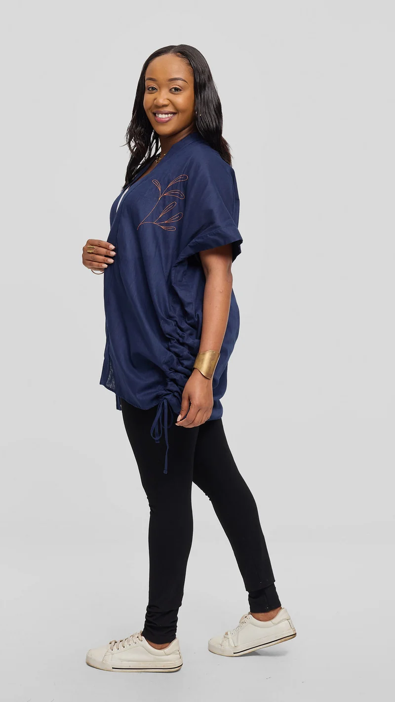 Safari by Vivo Zehra Embroidered Linen Kimono - Navy