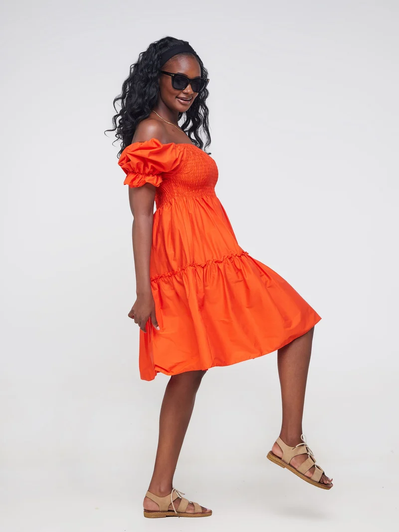 Safari Mara Shirred Bishop Sleeve Dress - Orange