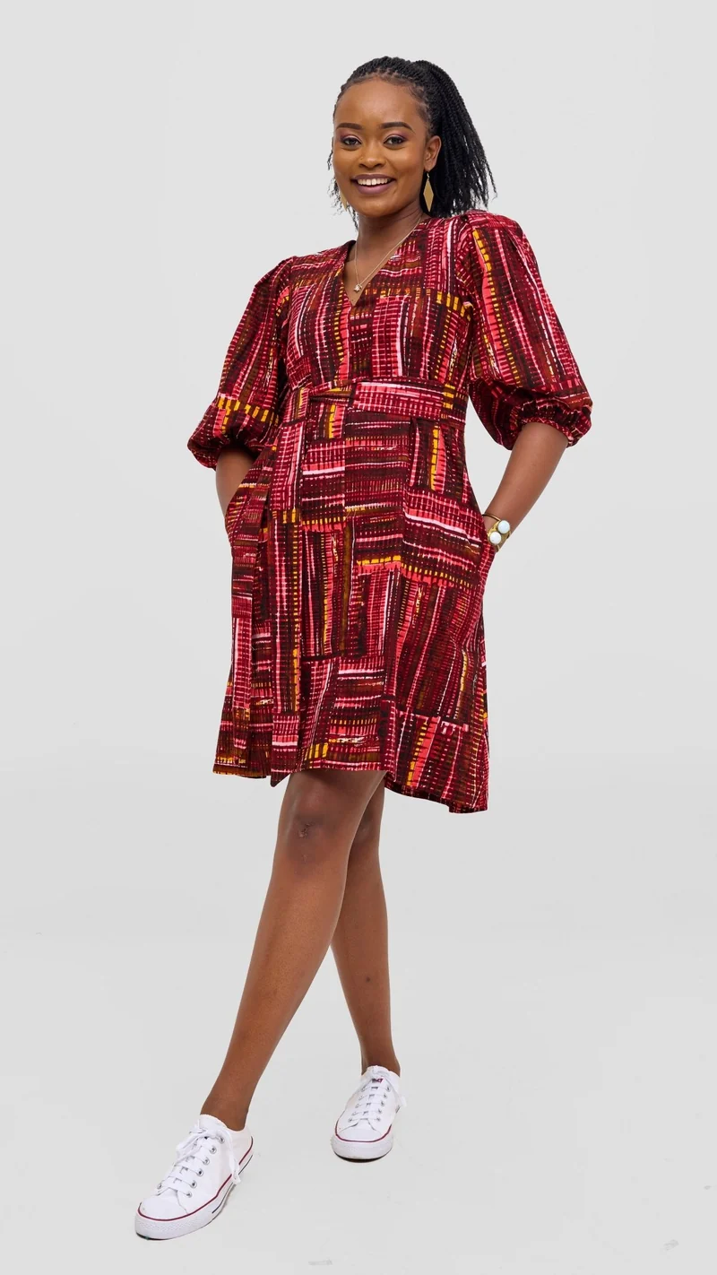 Safari Tara Bishop Sleeve Dress - Maroon / Pink Ara Print