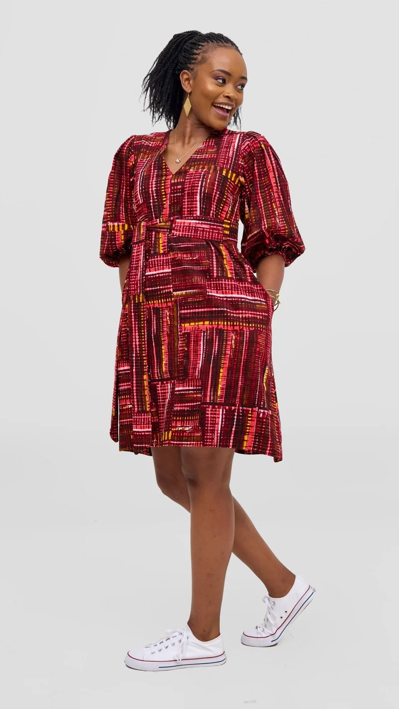 Safari Tara Bishop Sleeve Dress - Maroon / Pink Ara Print