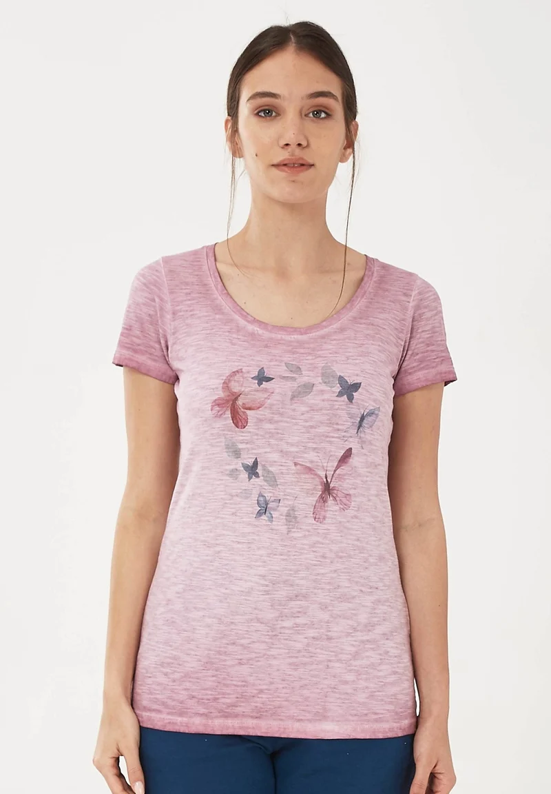 Garment Dyed T-Shirt aus Bio-Baumwolle mit Schmetterling-Print