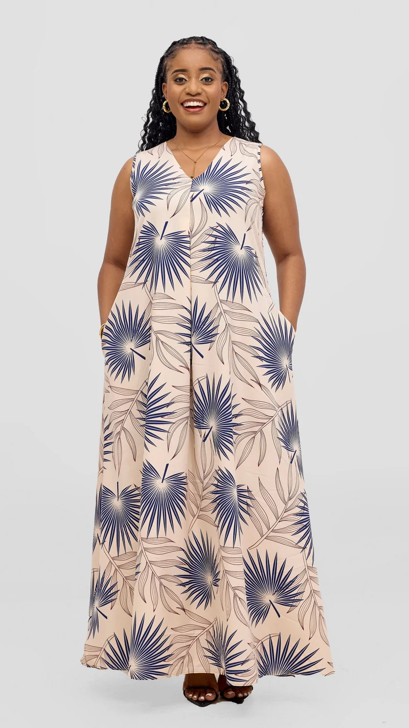 Vivo Ava Front Pleat Maxi Dress - Peach / Navy Print