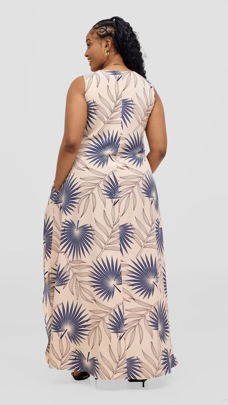 Vivo Ava Front Pleat Maxi Dress - Peach / Navy Print
