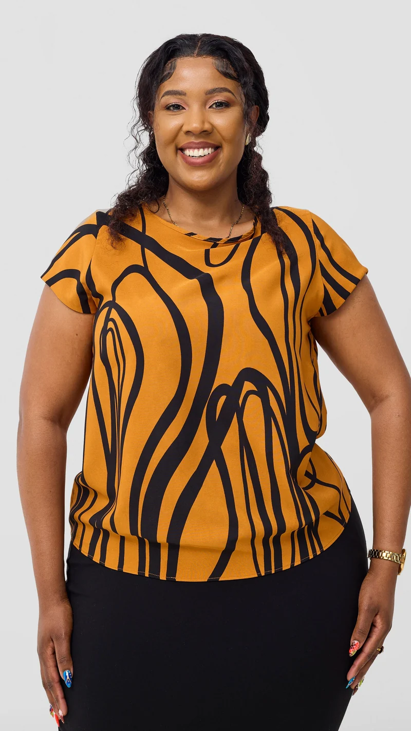 Vivo Basic Cap Sleeve Top in Crepe - Rust / Black Print