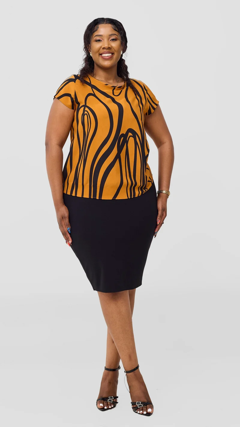 Vivo Basic Cap Sleeve Top in Crepe - Rust / Black Print