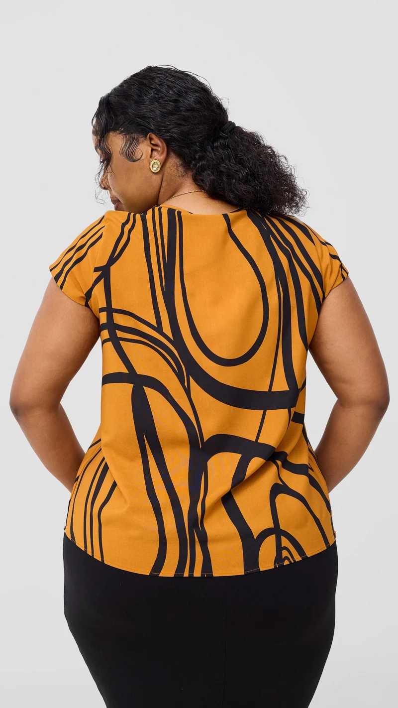 Vivo Basic Cap Sleeve Top in Crepe - Rust / Black Print