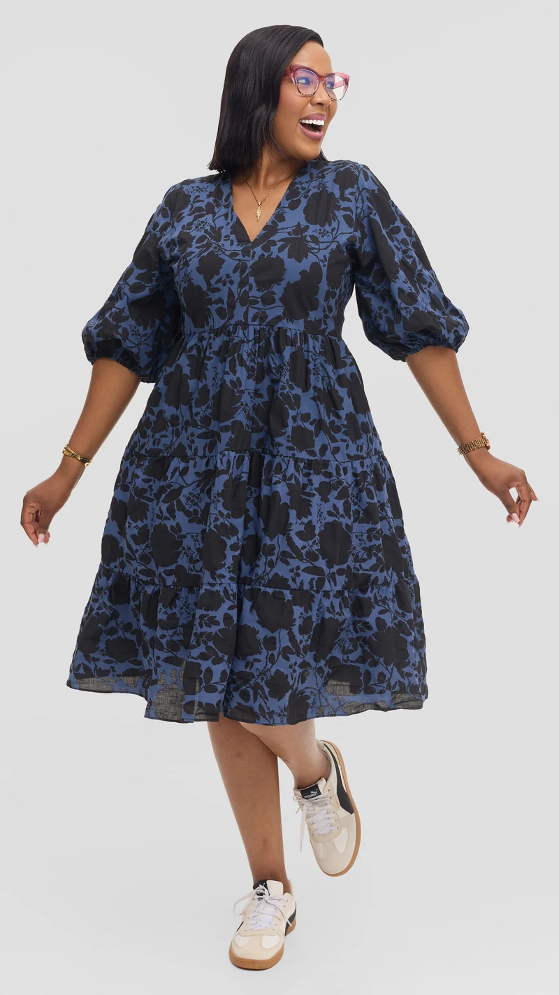 Safari by Vivo Naledi Tiered Dress in Cotton - Powder Blue / Black Print