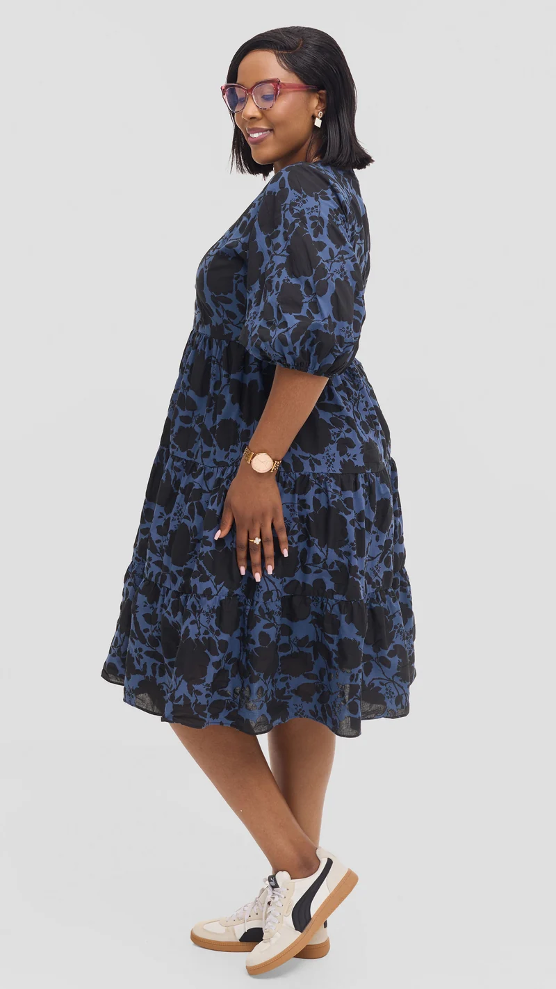 Safari by Vivo Naledi Tiered Dress in Cotton - Powder Blue / Black Print