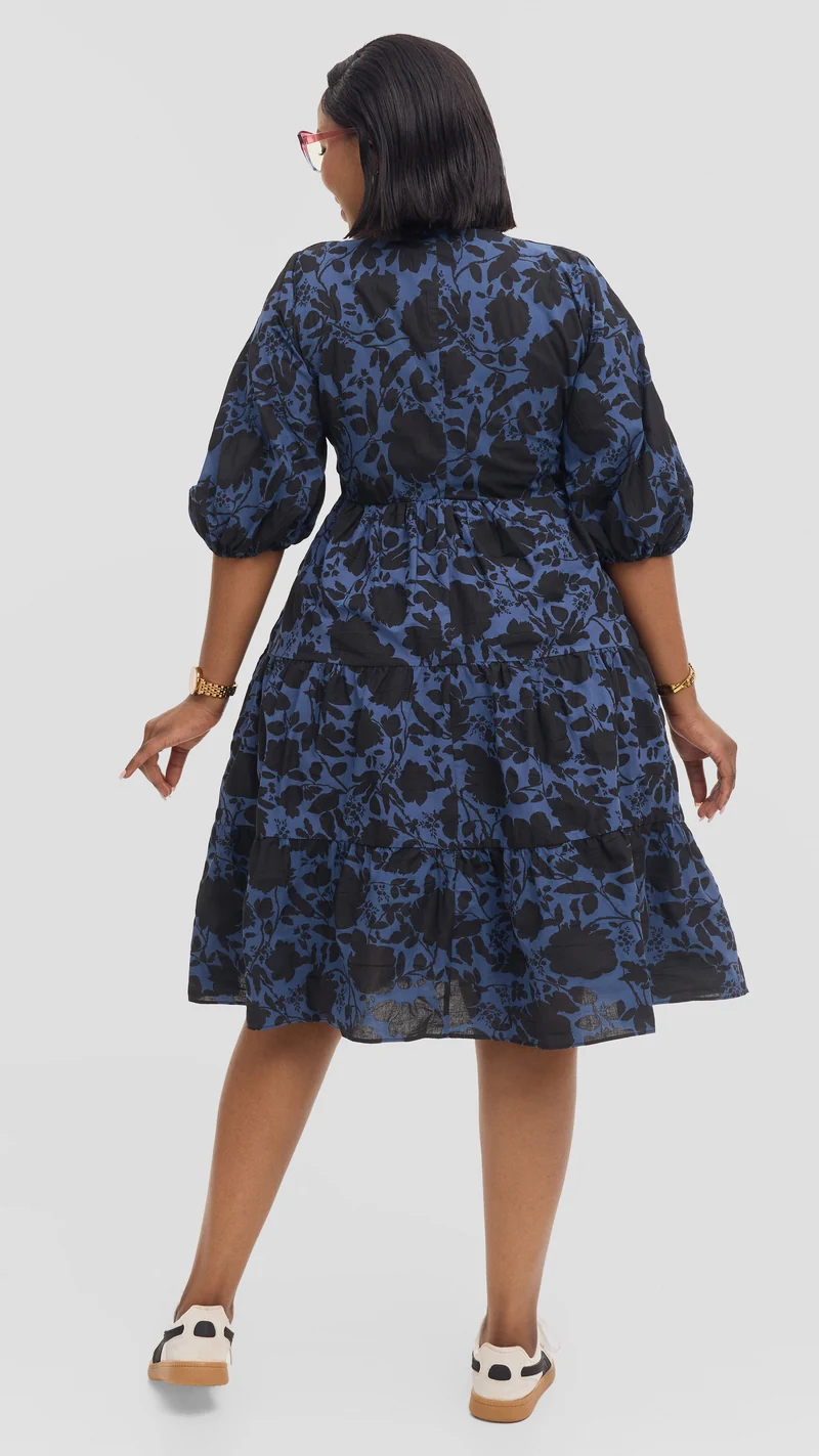 Safari by Vivo Naledi Tiered Dress in Cotton - Powder Blue / Black Print