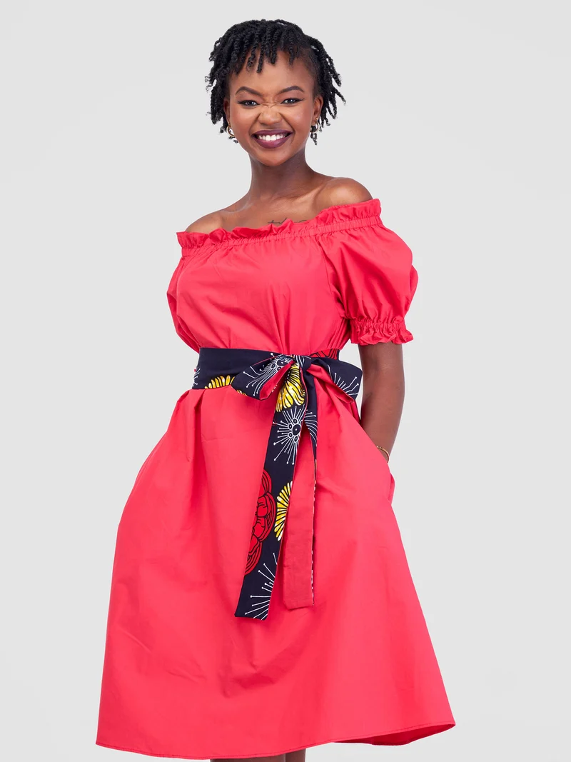 Safari by Vivo Mali Off - Shoulder Ruffle Knee Length Dress - Dark Pink