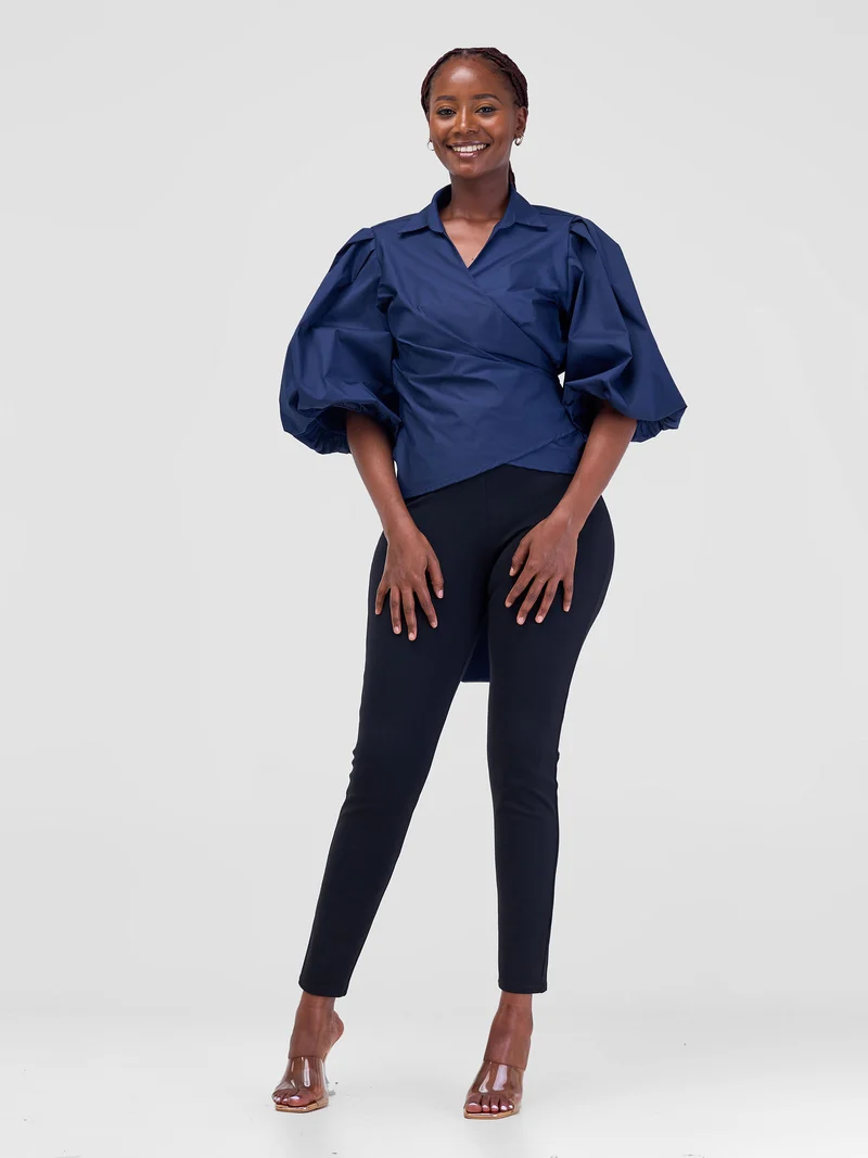 Safari by Vivo Mali 3/4 Bishop Sleeve Tie Top - Navy Blue