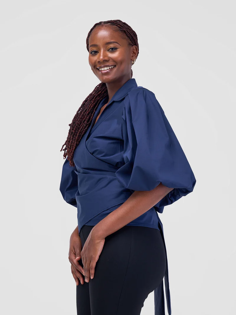 Safari by Vivo Mali 3/4 Bishop Sleeve Tie Top - Navy Blue