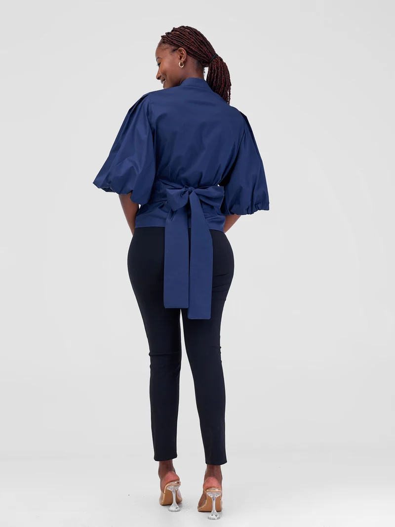 Safari by Vivo Mali 3/4 Bishop Sleeve Tie Top - Navy Blue