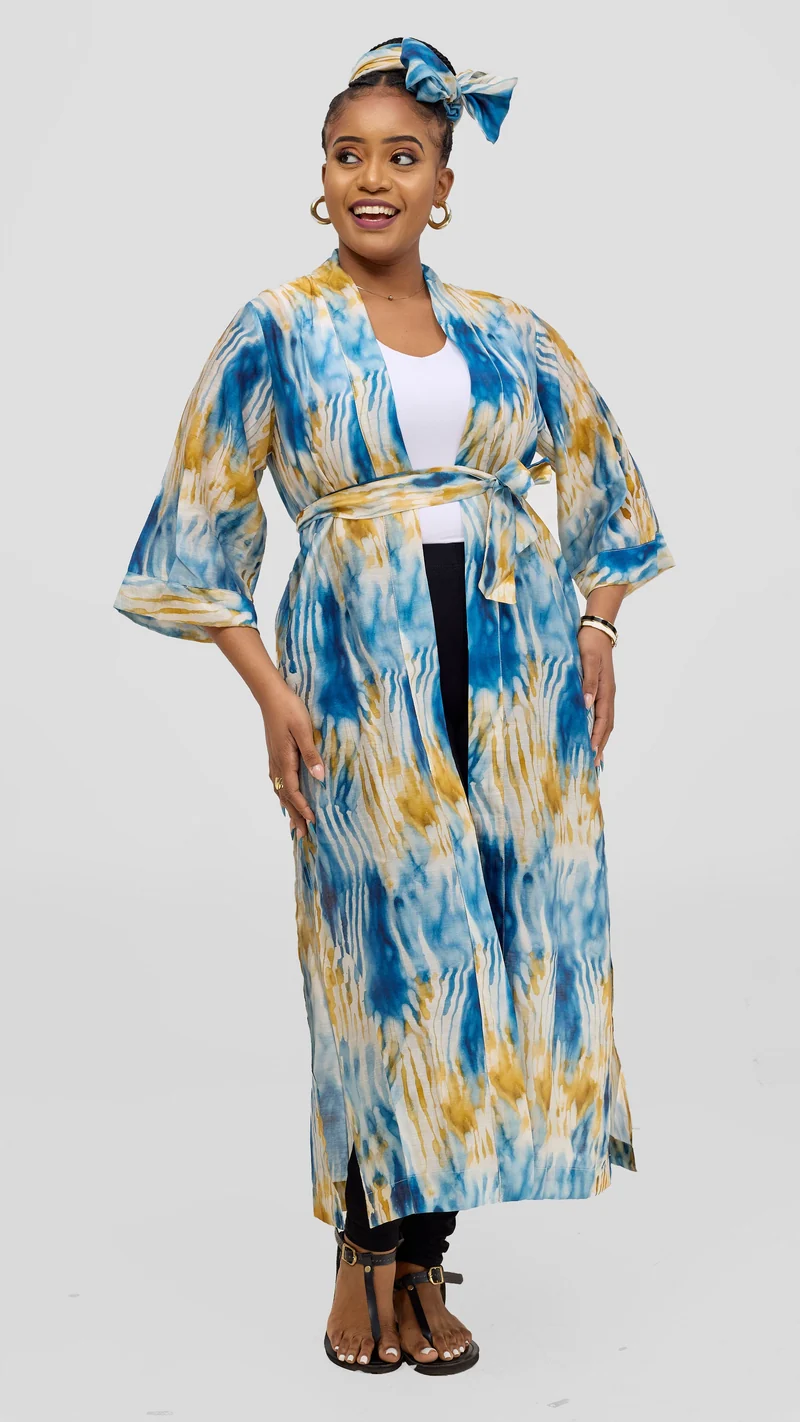 Safari 3/4 Sleeve Maxi Kimono With Headwrap - Mustard / Cream Print