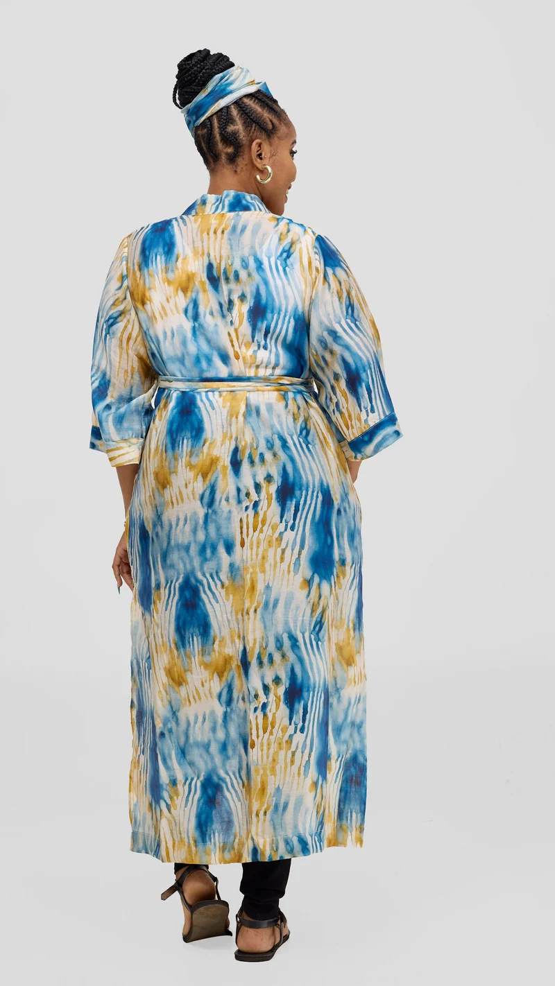 Safari 3/4 Sleeve Maxi Kimono With Headwrap - Mustard / Cream Print