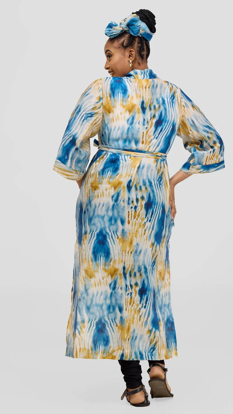 Safari 3/4 Sleeve Maxi Kimono With Headwrap - Mustard / Cream Print