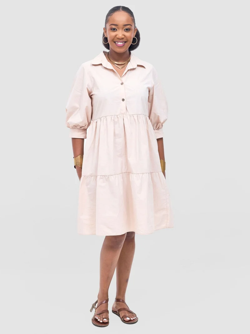 Safari by Vivo Tawi Shirt Collar Bishop Sleeve Tiered Dress - Khaki