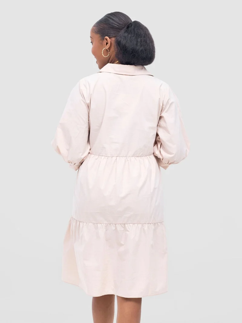 Safari by Vivo Tawi Shirt Collar Bishop Sleeve Tiered Dress - Khaki