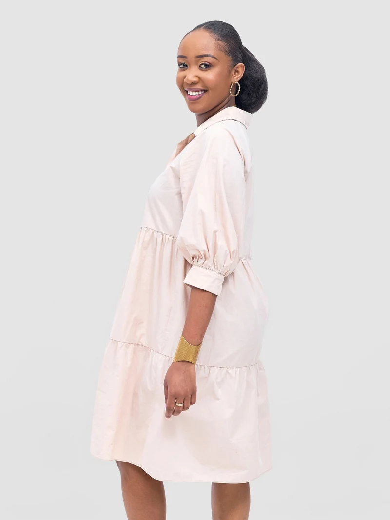 Safari by Vivo Tawi Shirt Collar Bishop Sleeve Tiered Dress - Khaki