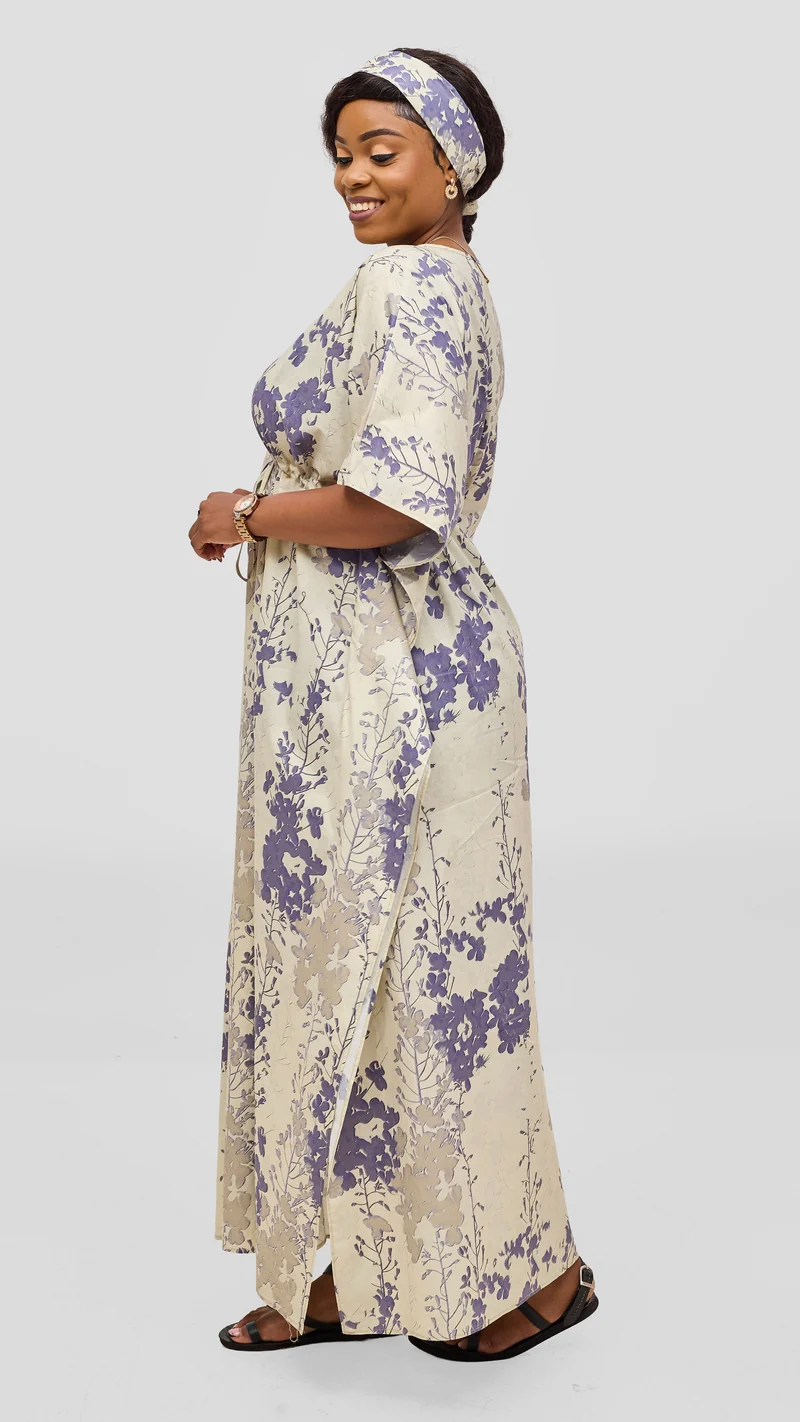 Safari by Vivo Cotton Wide Drawstring Kaftan - Cream / Lilac Print