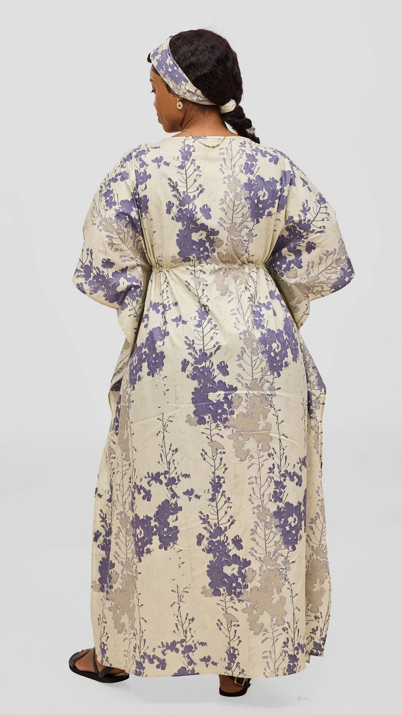 Safari by Vivo Cotton Wide Drawstring Kaftan - Cream / Lilac Print