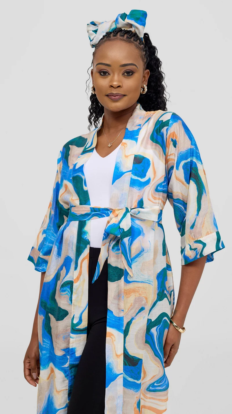 Safari 3/4 Sleeve Maxi Kimono With Headwrap - Off White / Navy Print