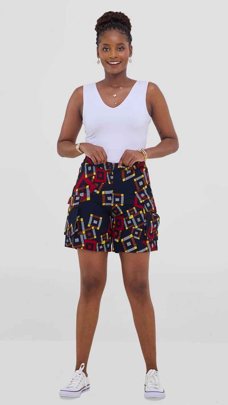Safari Anga Wide Shorts - Black / White Ankara Print