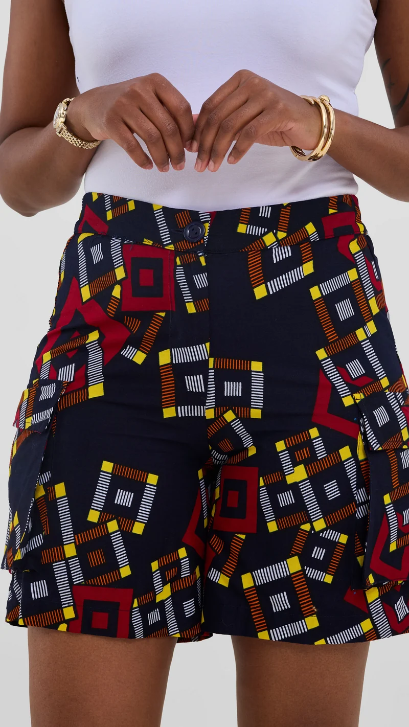 Safari Anga Wide Shorts - Black / White Ankara Print