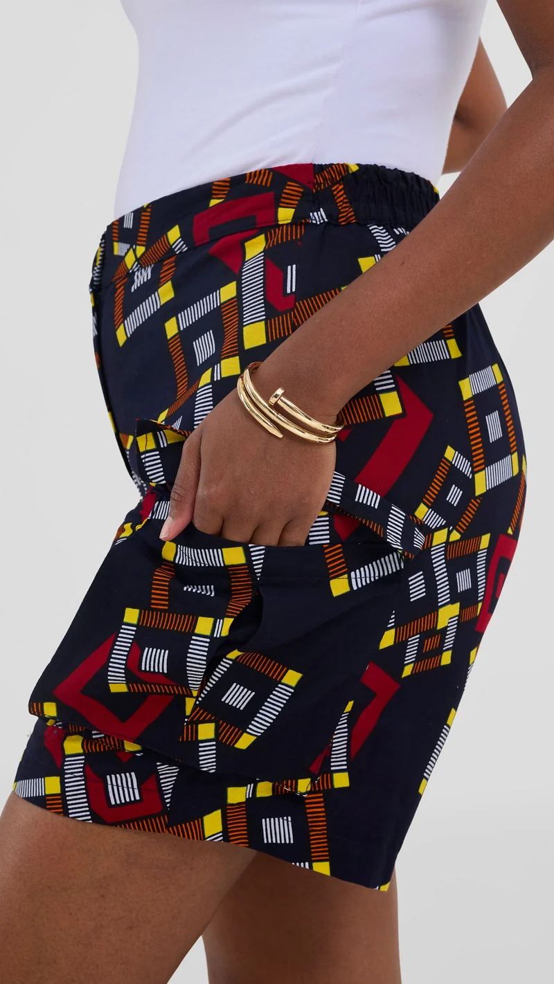 Safari Anga Wide Shorts - Black / White Ankara Print