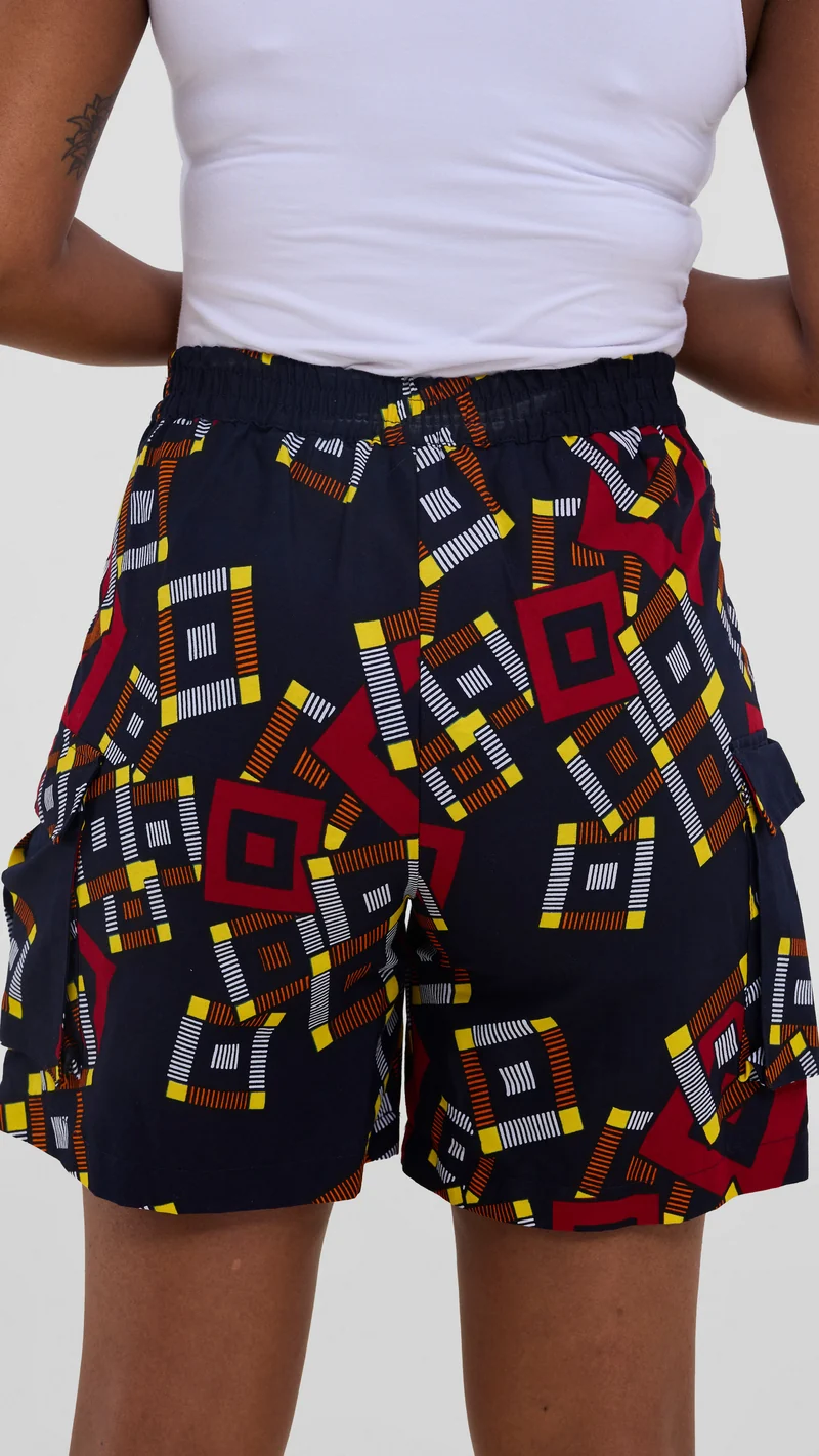 Safari Anga Wide Shorts - Black / White Ankara Print