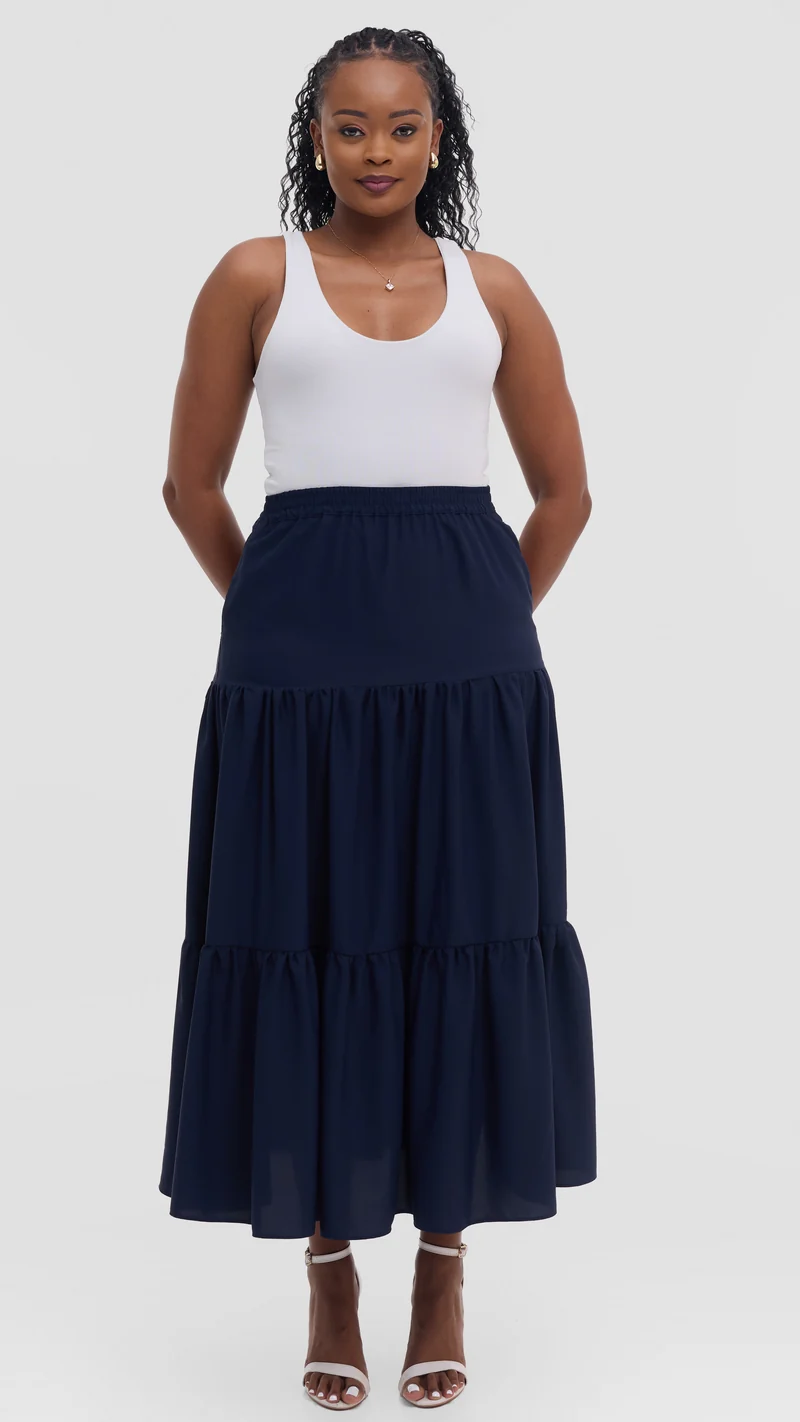 Vivo Liora Tiered Maxi Skirt in Crepe - Navy